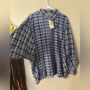 Blue Plaid Oversized Rayon Button Up Shirt Blouse Fall Soft By Earl Size M NWT